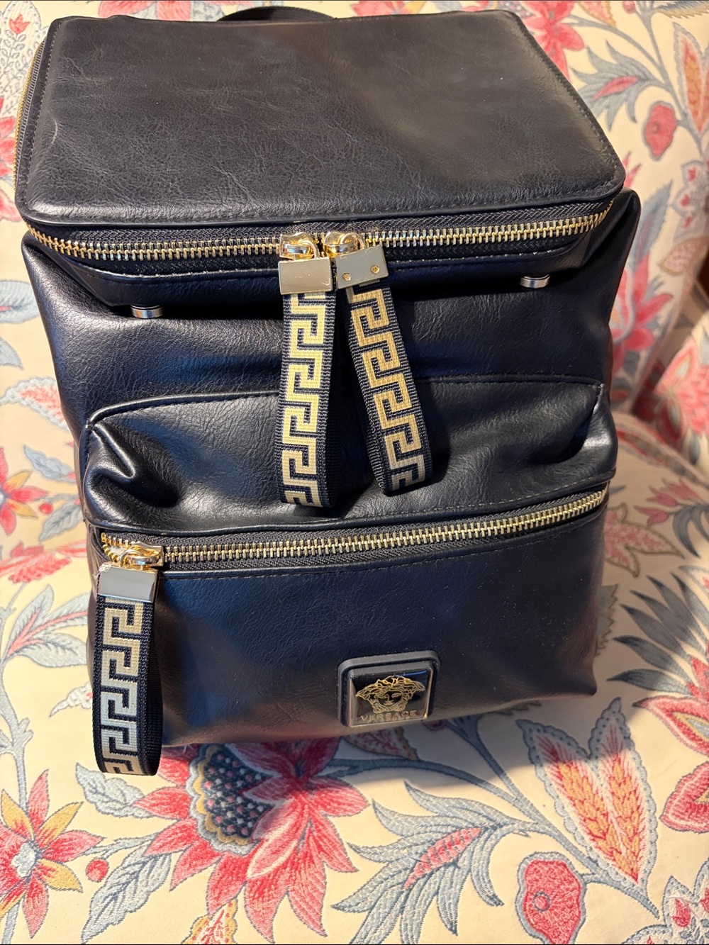 Versace Black Leather Backpack with Gold Hardware and Greek Key Trim EUC
